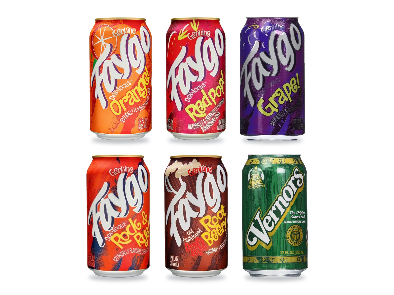 Faygo Orange, Red Pop, Grape, Rock and Rye, Root Beer and Vernors ginger ale cans