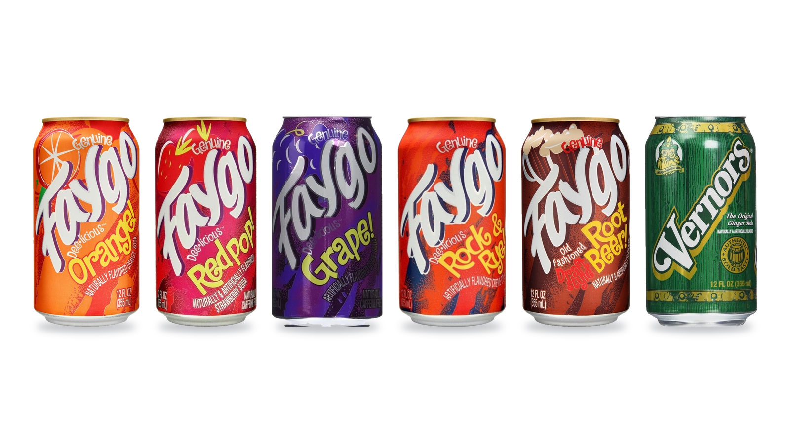 Faygo Orange, Red Pop, Grape, Rock and Rye, Root Beer and Vernors ginger ale cans